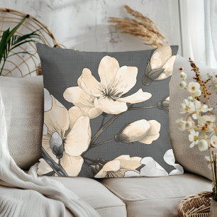 Modern Cherry Blossoms on Grey Fabric Throw Pillow