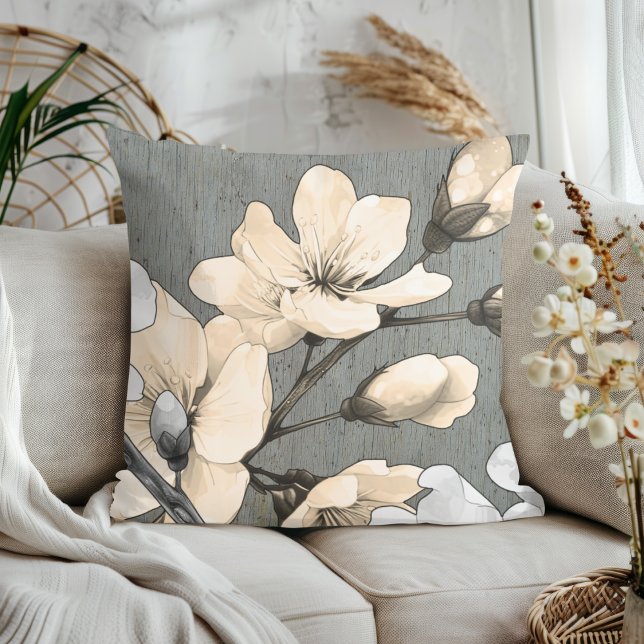Modern Cherry Blossoms on Grey Wood Throw Pillow (Creator Uploaded)