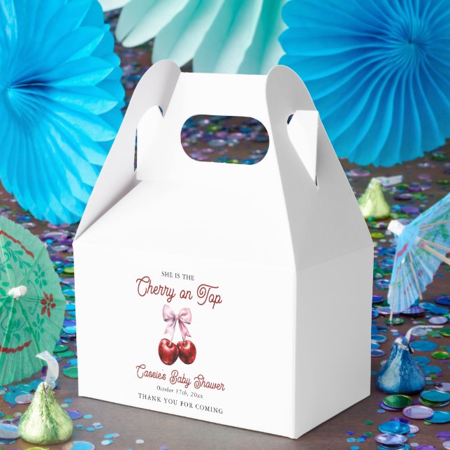 Modern Cherry On Top Pink Bow Baby Shower Favor Box (Party)