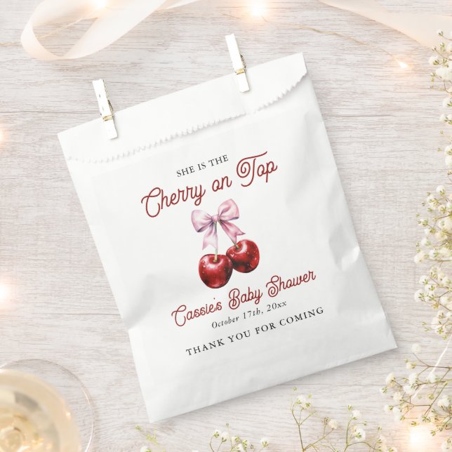 Modern Cherry On Top Pink Bow Baby Shower Favour Bag (Clipped)