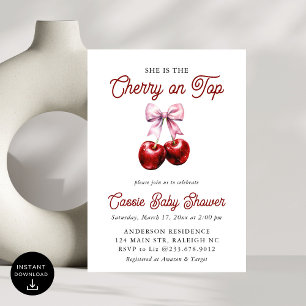 Modern Cherry On Top Pink Bow Baby Shower Invitation