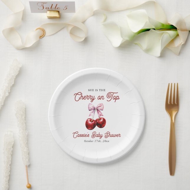 Modern Cherry On Top Pink Bow Baby Shower Paper Plate (Wedding)
