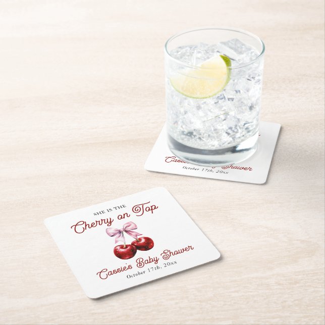 Modern Cherry On Top Pink Bow Baby Shower Square Paper Coaster (Insitu)