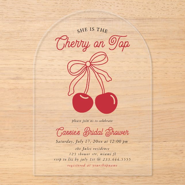 Modern Cherry On Top Pink Bow Bridal Shower Acrylic Invitations (Front)