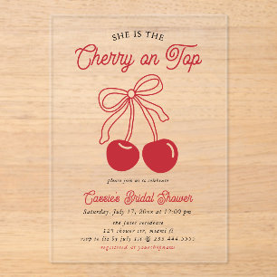 Modern Cherry On Top Pink Bow Bridal Shower Acrylic Invitations