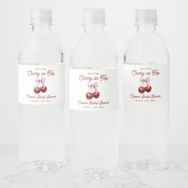 Modern Cherry On Top Pink Bow Bridal Shower Water Bottle Label (Bottles)