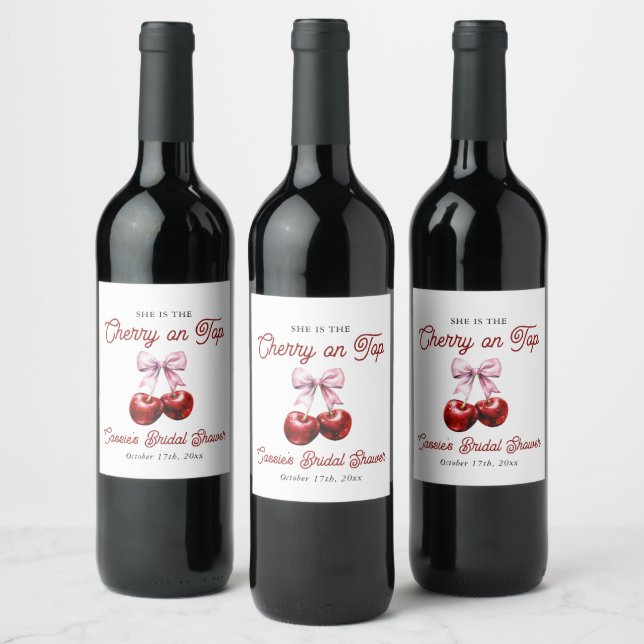 Modern Cherry On Top Pink Bow Bridal Shower Wine Label (Bottles)