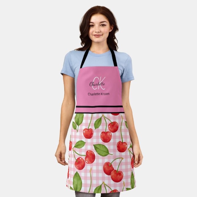 Modern Cherry Pattern Monogram Name Pink Apron (Worn)