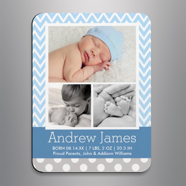 Modern Chevron Baby Boy Blue Grey Photo Birth Magnet (Creator Uploaded)