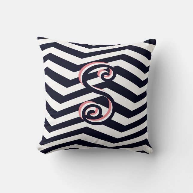 Modern Chevron Black Stripe Pink Trendy Monogram Throw Pillow (Front)