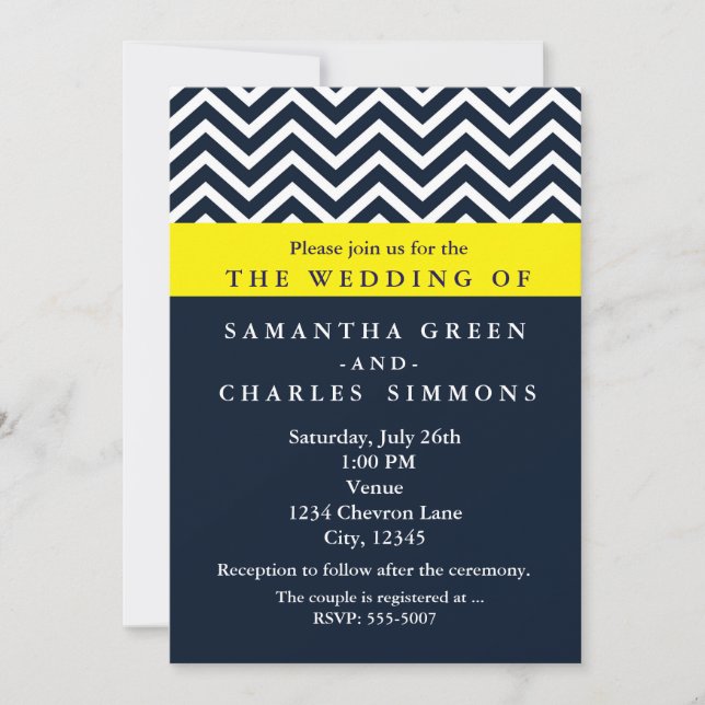 Modern Chevron  Blue & Yellow Wedding Invitations (Front)