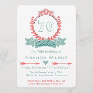 Modern Chevron Coral Blue 70th Birthday Invitation