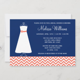 Modern Chevron Gown Coral Navy Blue Bridal Shower Invitation