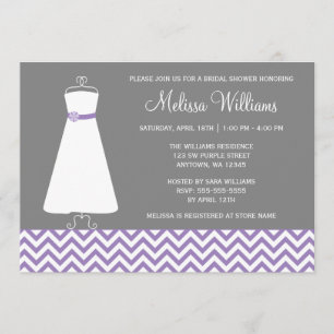 Modern Chevron Gown Purple Grey Bridal Shower Invitation