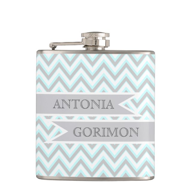 Modern chevron grey, aqua wedding personalized hip flask (Front)