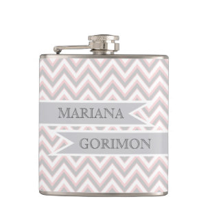 Modern chevron grey, pink wedding personalized hip flask