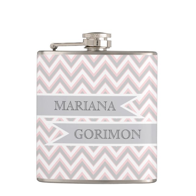 Modern chevron grey, pink wedding personalized hip flask (Front)
