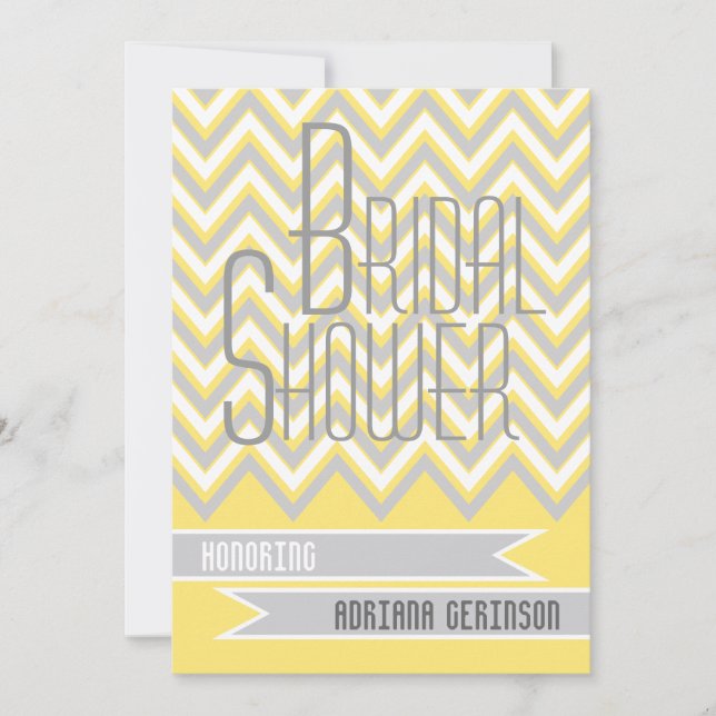 Modern chevron grey, yellow wedding bridal shower invitation (Front)