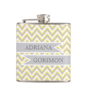 Modern chevron grey, yellow wedding personalized hip flask