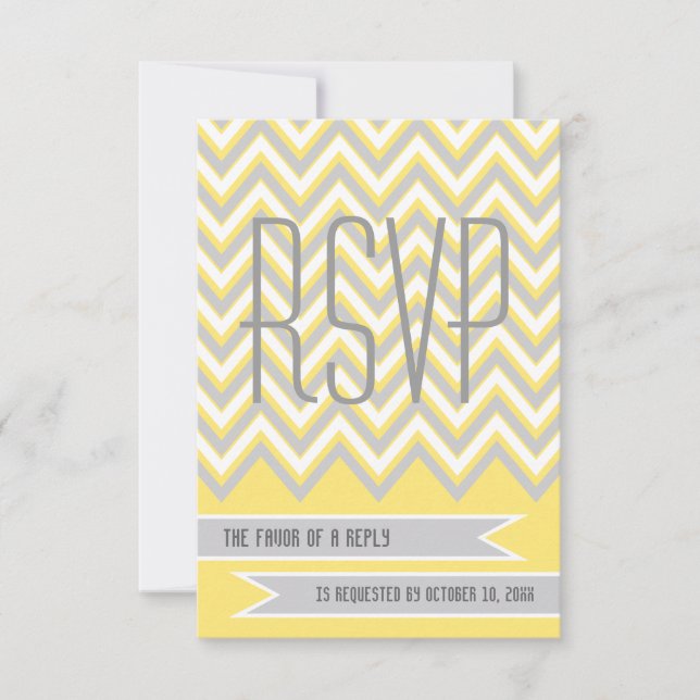 Modern chevron grey, yellow wedding RSVP Card (Front)