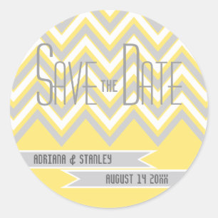 Modern chevron grey, yellow wedding Save the Date Classic Round Sticker