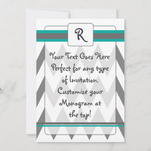 Modern Chevron invite with Monogram, teal and grey