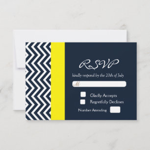 Modern Chevron Navy Blue Yellow Wedding RSVP Card