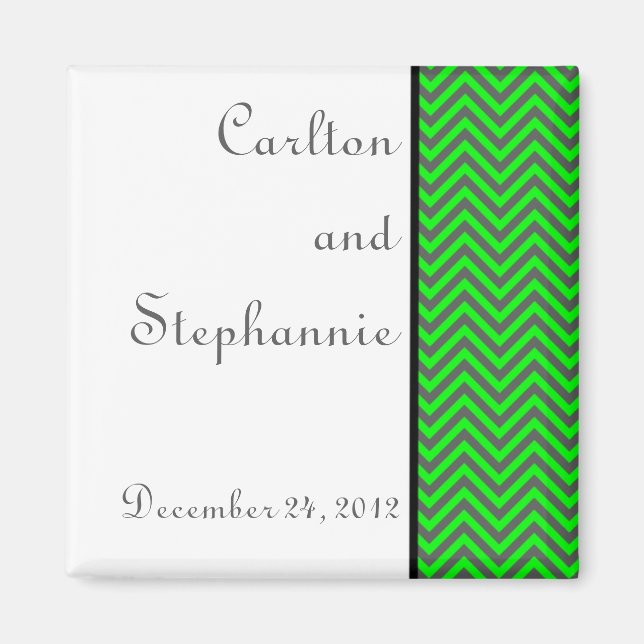 Modern Chevron Neon Green/Grey Wedding Magnet (Front)