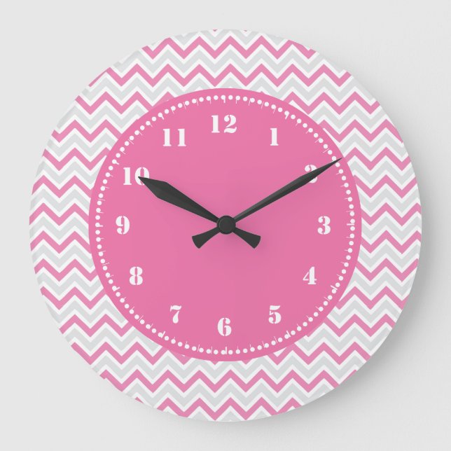 Modern Chevron Pattern Girly Pink Large Clock (Front)