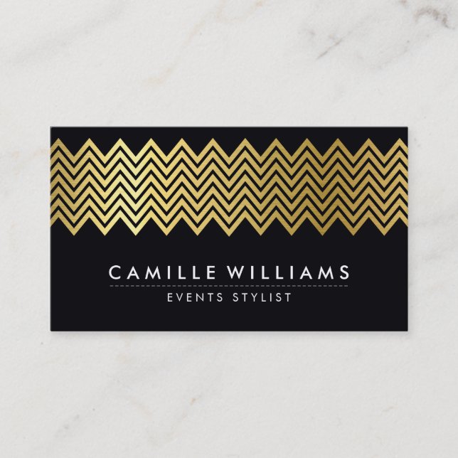 MODERN CHEVRON pattern gold foil geo black Business Card (Front)