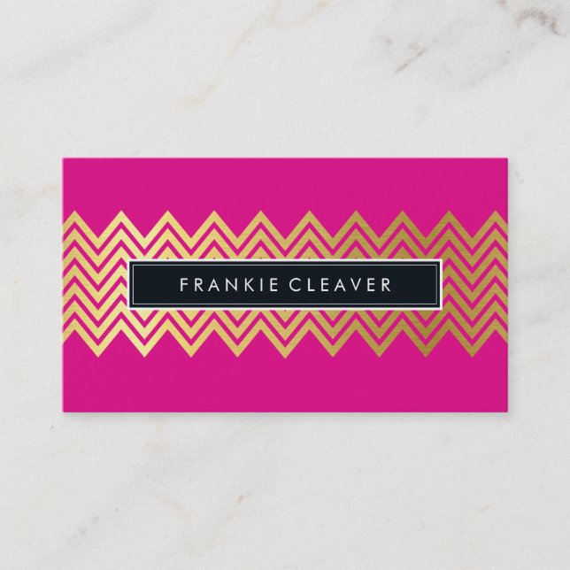 MODERN CHEVRON PATTERN trendy gold bright pink Business Card (Front)