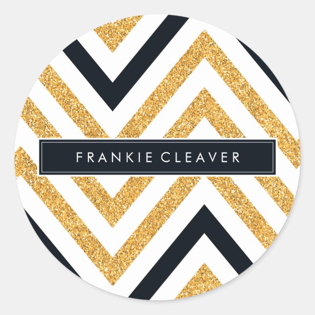 MODERN CHEVRON PATTERN trendy gold glitter black Classic Round Sticker (Front)