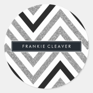 MODERN CHEVRON PATTERN trendy silver glitter black Classic Round Sticker