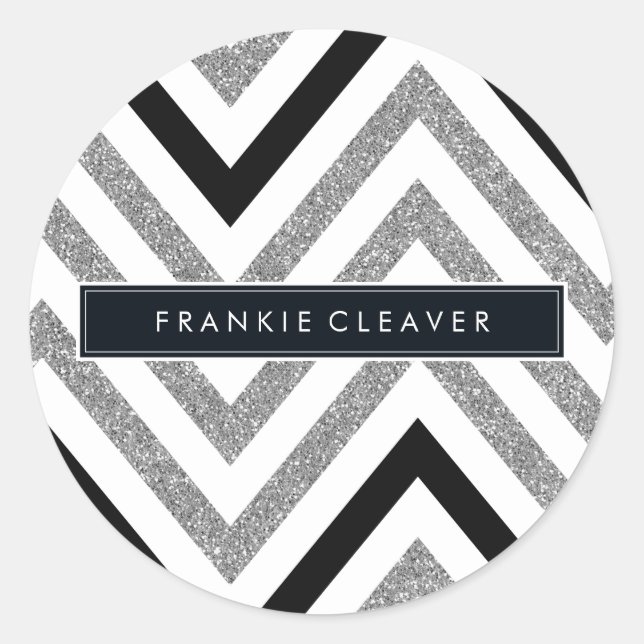 MODERN CHEVRON PATTERN trendy silver glitter black Classic Round Sticker (Front)