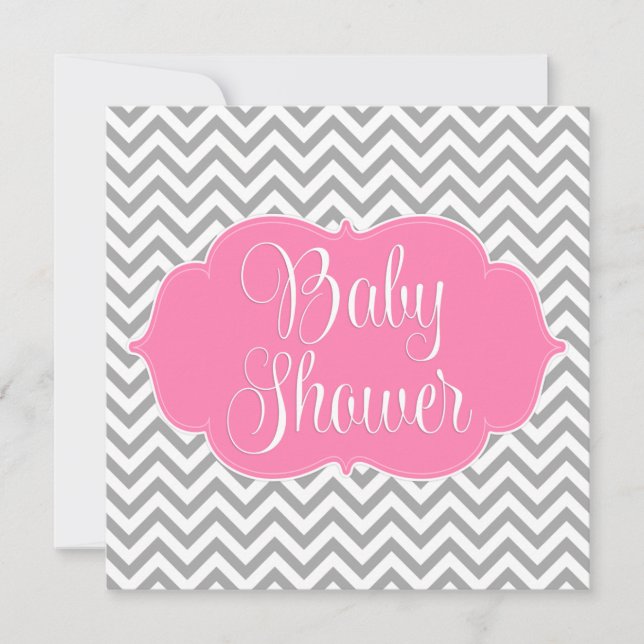 Modern Chevron Pink Grey Girl Baby Shower Invitation (Front)
