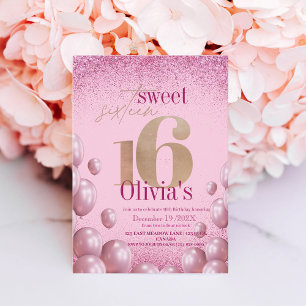 Modern Chic 16th Birthday Pink Balloons Glitter  Invitation