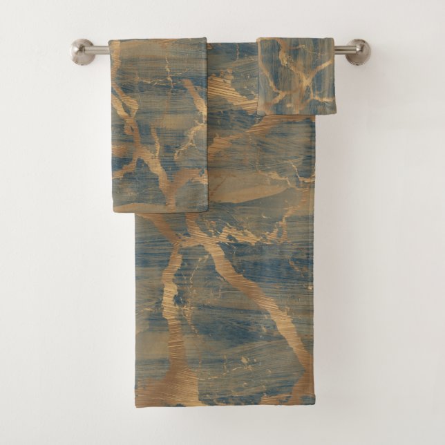 Modern Chic Abstract Glam Marble Navy Blue & Gold Bath Towel Set (Insitu)