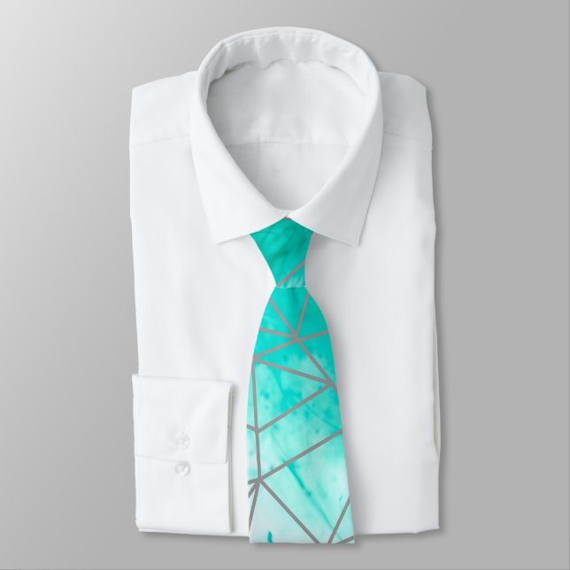 Modern Chic Aqua Blue Watercolor and Silver Tie (Tied)