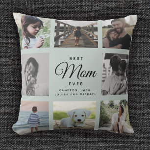 Modern Chic Best Mom Ever Greenery Photo Collage Throw Pillow
