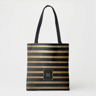 Modern chic black and gold stripes monogrammed tote bag