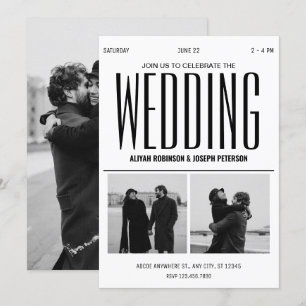 Modern chic black and white wedding photo  invitation