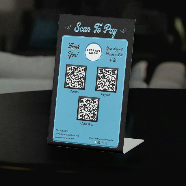 Modern Chic Black Blue Scan To Pay Salon QR Codes Pedestal Sign (Creator Uploaded)