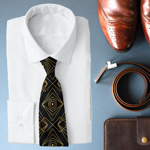 Modern Chic Black Gold Geometric Pattern Tie