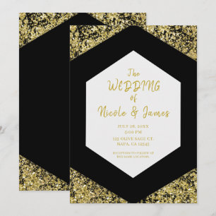 Modern Chic Black Gold Glitter Flakes Glam Wedding Invitation