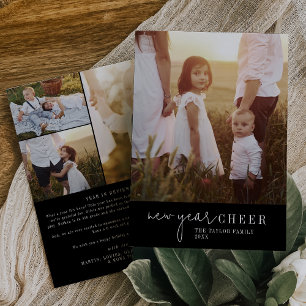 Modern Chic Black New Year Photo Year in Review Holiday Card