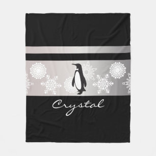 Modern Chic Black Penguin and Snowflakes Fleece Blanket