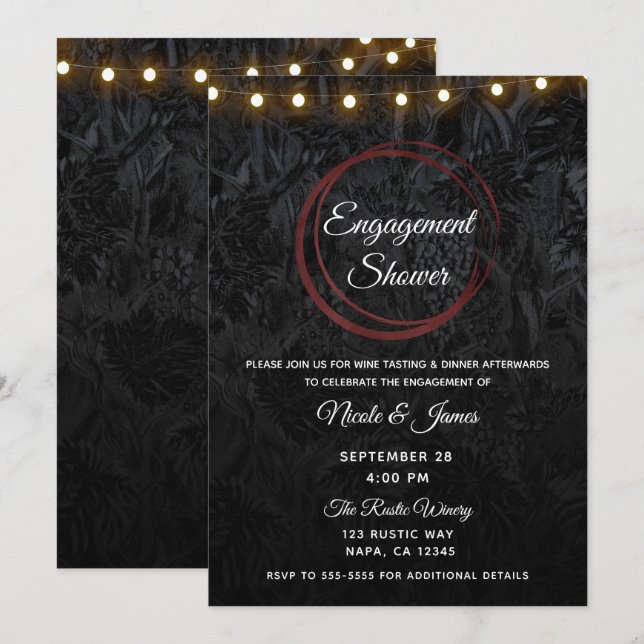 Modern Chic Black Red Wine Rings Engagement Shower Invitation (Front/Back)