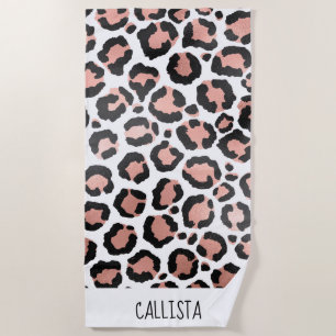 Modern Chic Black Rose Gold Foil Leopard Print Beach Towel