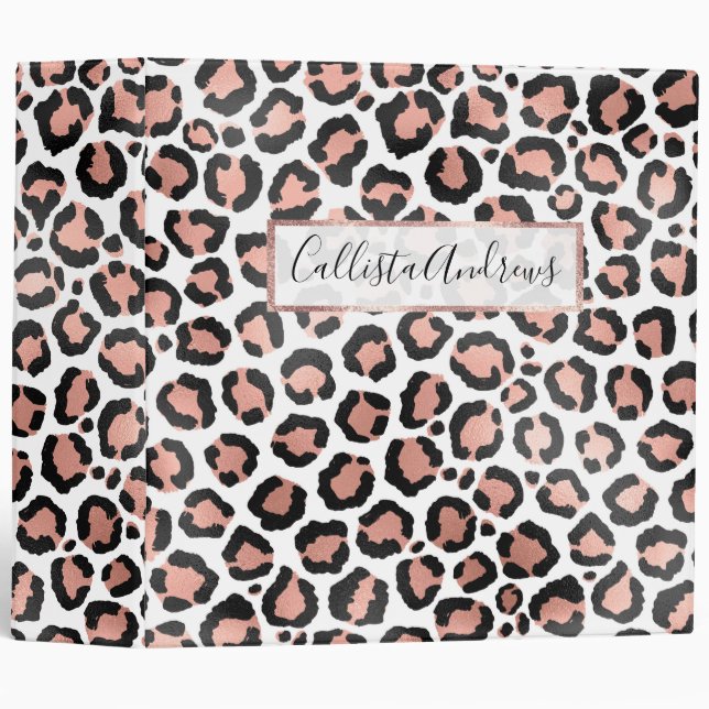 Modern Chic Black Rose Gold Foil Leopard Print Binder (Front/Spine)