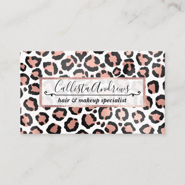 Modern Chic Black Rose Gold Foil Leopard Print Business Card (Front)